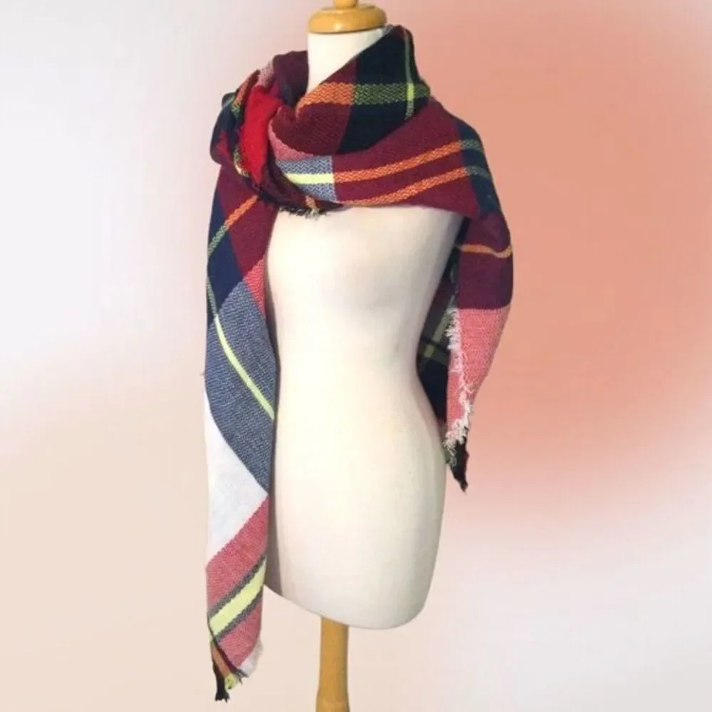 Large Square Plaid Fringed‎ Blanket Scarf Wrap